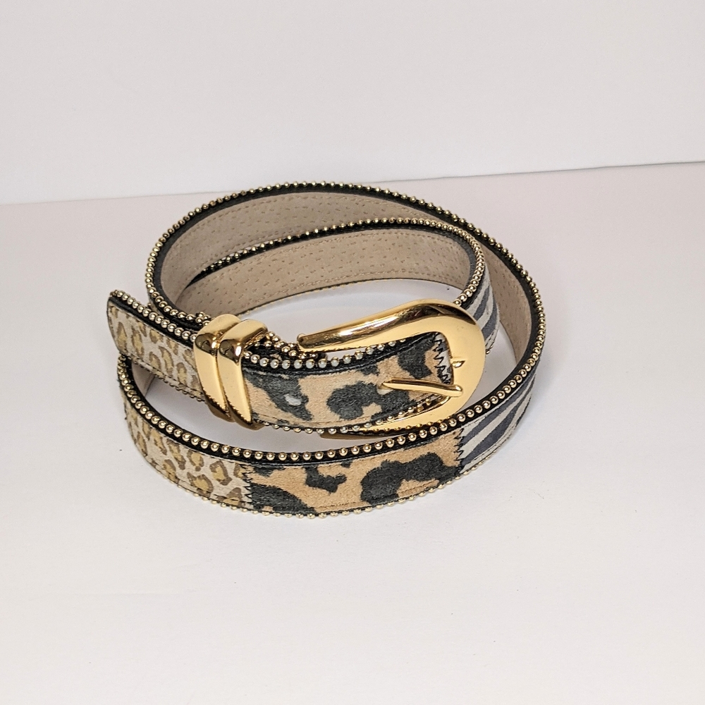 Amiee Lynn Leopard Print Leather Gold Stud/Buckle Belt M
